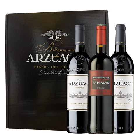 Sítotiskové pouzdro od Bodegas Arzuaga se 2 lahvemi Arzuaga Crianza a 1 lahví La Planta